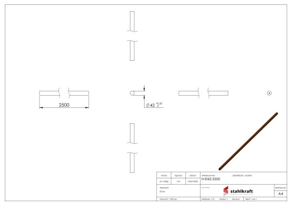 Holzhandlauf Eiche, Ø42,4mm, geschliffen und...
