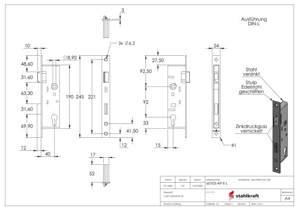 Rohrrahmenschloss 1-tourig, verzinkt mit Dornmaß 40mm, Nuss 8mm, Stulpe Edelstahl  geschliffen, mit Anti-Panikfunktion E, DIN links
