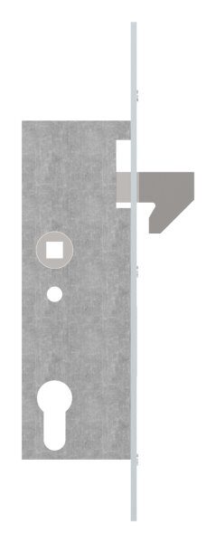 Rohrrahmenschloss verzinkt mit Hakenfalle (z.B. für Schiebetore), Dornmaß 40mm, Stulpe verzinkt und silberfarbig lackiert