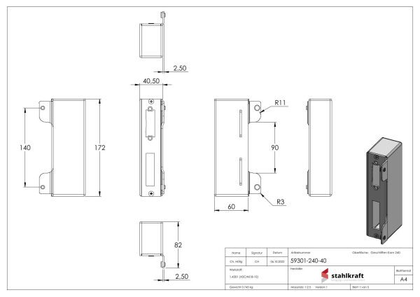 Edelstahlgegenkasten eckig, für Abstand 72mm, zum Anschweißen für 40mm Schlosskasten, geeignet für elektrischen Türöffner, Schließblech V2A geschliffen, V2A