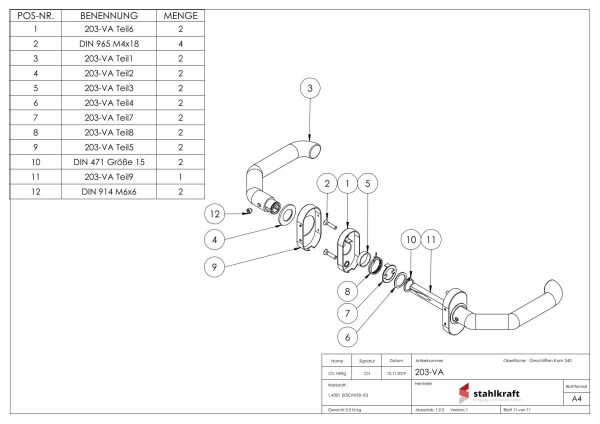 Türdrücker-Paar, inkl. 8mm Drückerstift, für Kastendicke 30-60mm, V2A