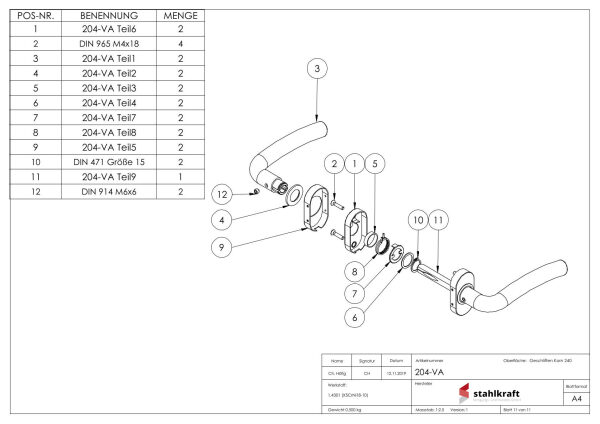 Türdrücker-Paar, inkl. 8mm Drückerstift, für Kastendicke 30-60mm, V2A