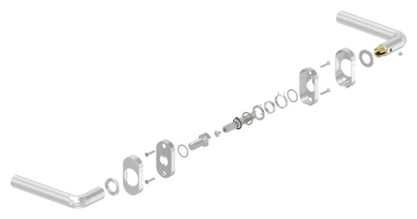 Türdrücker-Paar, inkl. 8mm Drückerstift, für Kastendicke 30-60mm, ein Drücker feststehend, linke Ausführung, V2A