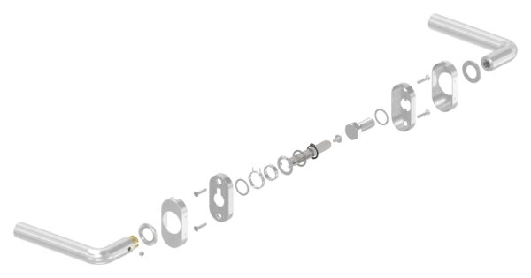 Türdrücker-Paar, inkl. 8mm Drückerstift, für Kastendicke 30-60mm, ein Drücker feststehend, rechte Ausführung, V2A