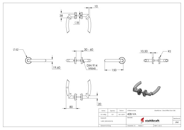 Türdrücker-Paar, drehbar, inkl. 8mm Drückerstift, V2A