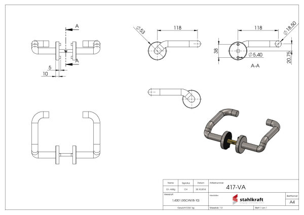 Türdrücker-Paar, drehbar, inkl. 8mm Drückerstift, V2A
