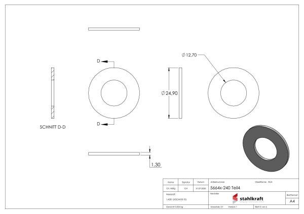 Türknopf, Ø 50mm, mit Langschild, feststehend, V2A