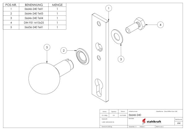 Türknopf, Ø 50mm, mit Langschild, feststehend, V2A