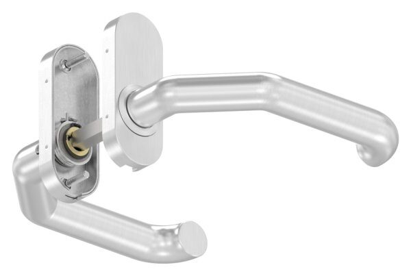 Türdrücker-Paar, inkl. 8mm Drückerstift, für Kastendicke 30-60mm, ein Drücker feststehend, rechte Ausführung, V2A