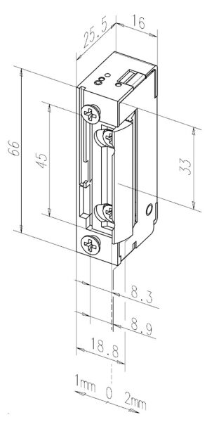 Elektrischer Türöffner DIN-L und DIN-R gleichzeitig verwendbar, Basisausstattung ohne Entriegelung/Arretierung,
wassergeschützt, verstellbare Falle um 3mm, Arbeitsstrom, 10-24 V AC/DC (Gleich- und Wechselstrom)