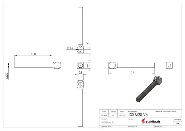 Torband zum Anschweißen mit langem Gewinde M20, V2A
