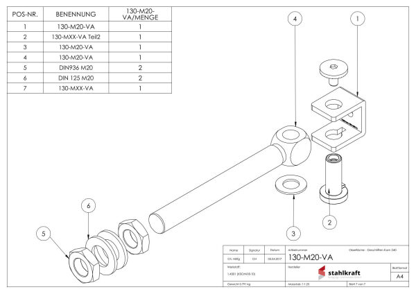 Torband zum Anschweißen mit langem Gewinde M20, V2A