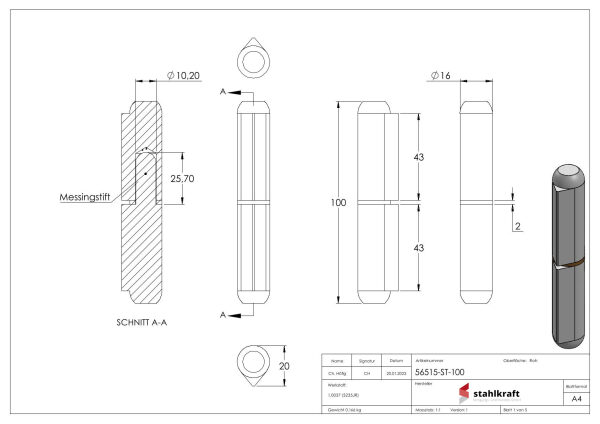 Anschweißband mit Nase zum Anschweißen, mit Messingring und -stift, Länge: 100mm, Rollen-Ø 16mm, Stift-Ø 10mm