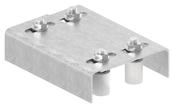 Führungsbügel mit verstellbarer Breite. Bereits im Lieferumfang enthalten: 4x Führungsrolle (Art. 230-30-VA), doppelt, V2A