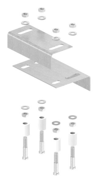 Führungsbügel mit verstellbarer Breite. Bereits im Lieferumfang enthalten: 4x Führungsrolle (Art. 230-30-VA), doppelt, V2A