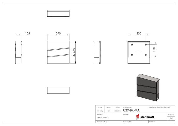 Briefkasten, Liron, aus Edelstahl, Maße: 370x105mm,...