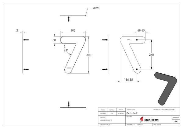 Hausnummer 7 - "groß" 205 x 325 x 2,0mm, V2A