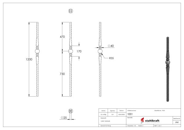 Anfangsstab 25x25mm, H: 1200mm, 1x Kugel  außermittig