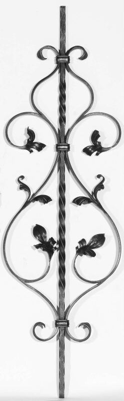 Zierstab 12x12mm, gehämmert, Barock, H: 900mm, Schnecken mit Blatt, 2x gedreht
