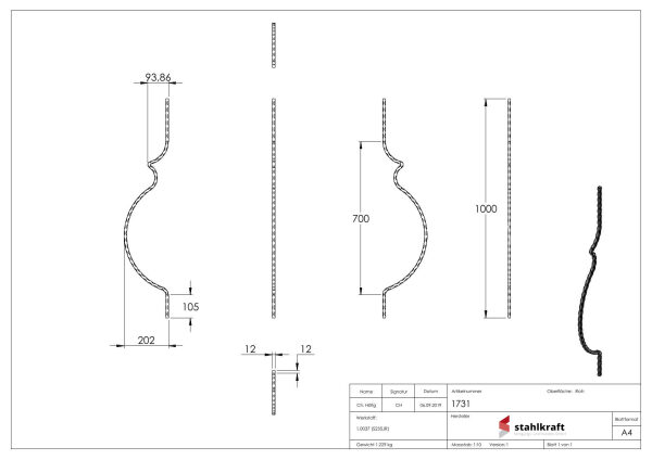 Korbgitterstab 12x12mm, gehämmert, H: 1000mm, mit Nase