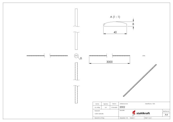 Flacheisen S235JR, 40x8mm, gewölbt, Kanten gehämmert, warmgewalzt, L: 3000mm
