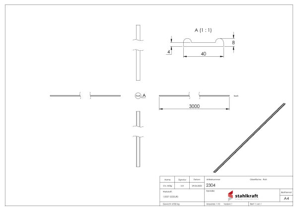 Hespeneisen S235JR, 40x8x4mm, L: 3000mm