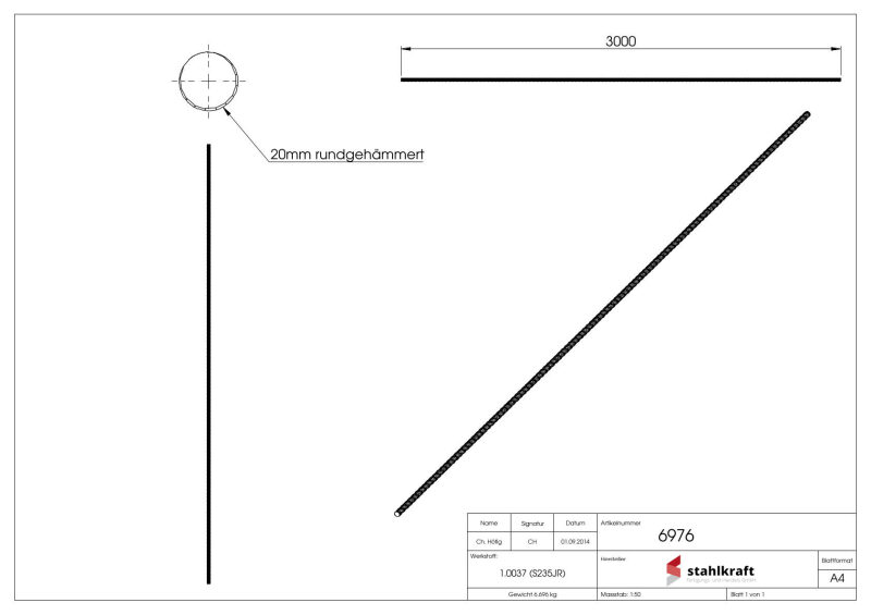 Rundeisen S235JR, 20mm, spindelförmig geschmiedet, L: 3000mm