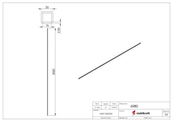 Quadratrohr S235JR, 20x20x2,0mm, gehämmert, L: 3000mm
