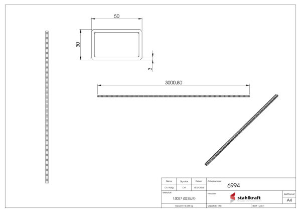 Rechteckrohr S235JR, 50x30x2,5mm, gehämmert, L: 3000mm