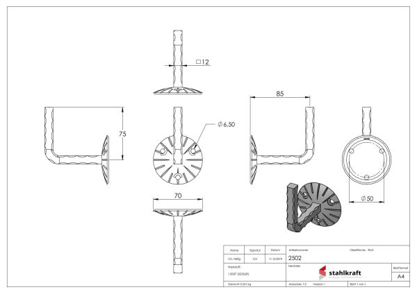 Handlaufträger mit Ronde gewölbt, 70x4mm, 3 Löcher 6,5mm gesenkt, Bügel  12x12mm gehämmert, zum Anschweißen des Handlaufs, Wandabstand 85mm