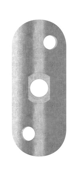 Handlaufanschlussplatte S235JR, Rohranschluss Ø 42,4mm, 63x25x4mm, 2x6,5mm Bohrungen versetzt, Mittelbohrung 8,2mm, gesenkt für M6, Stahl roh