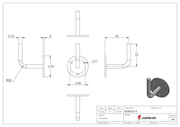Handlaufträger mit Ronde flach, 70x4mm, 3 Löcher 7mm, Bügel  12mm, zum Anschweißen des Handlaufs, Wandabstand 79mm