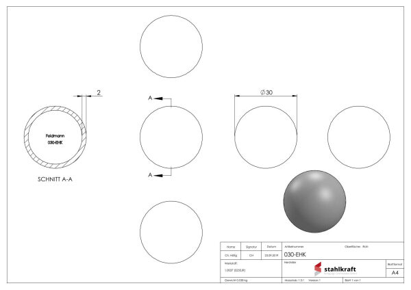 Eisenhohlkugel Ø 30x2,0mm ohne Bohrung, S235