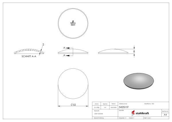Halbrundschale 52x2,0mm, H: 8mm