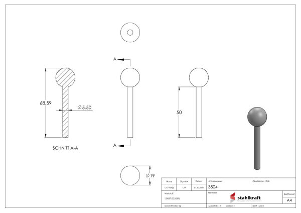 Kugelkopfbolzen glatt, Kugel 19mm, SchaftØ 5,5mm, Schaftlänge: 50mm