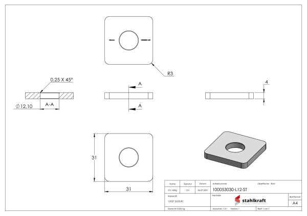 Flachkappe zum Aufschweißen für Quadratrohr 30x30mm, mit Bohrung 12,1mm, Stahl roh