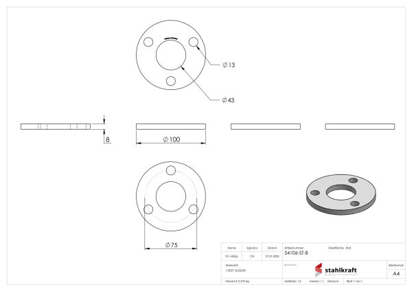 Ankerplatte 100x8mm, 3 Befestigungsbohrungen Ø...