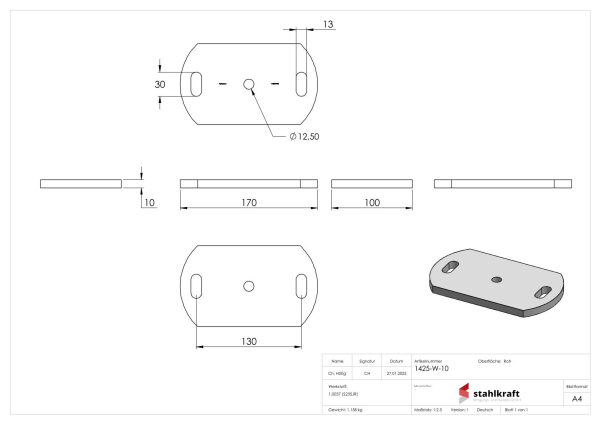 Ankerplatte 170x100x10mm, 2 Befestigungsbohrungen...