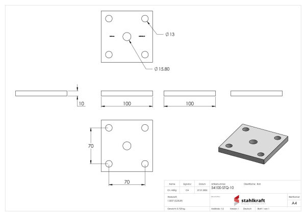Ankerplatte 100x100x10mm, 4 Befestigungsbohrungen...