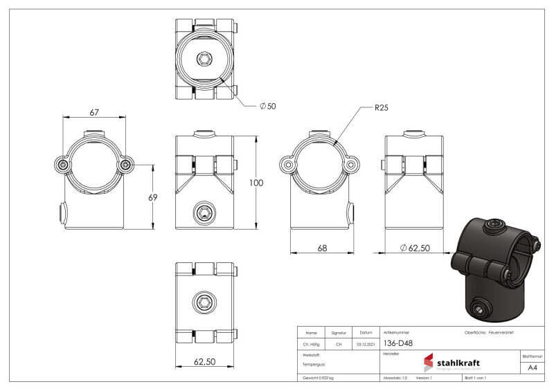 T-Stück aufklappbar, für Rohr Ø 48,3mm, Temperguss, feuer- und nachträglich elektroverzinkt