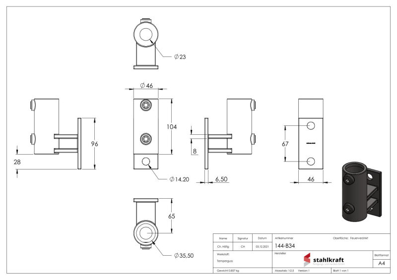 Wandhalter mit 2 Befestigungsbohrungen, für Rohr Ø 33,7mm, Lochkreis 67mm, LochØ 9mm, Temperguss, feuer- und nachträglich elektroverzinkt
