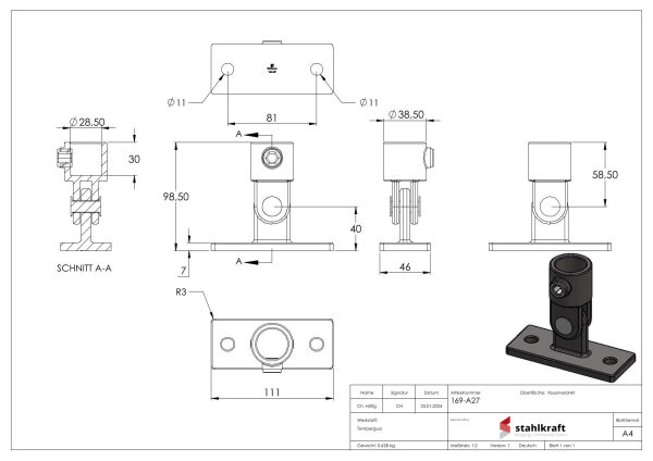 Wandhalter mit 2 Befestigungsbohrungen, verstellbar, für Rohr Ø 26,9mm, LochØ 9mm, Temperguss, feuer- und nachträglich elektroverzinkt