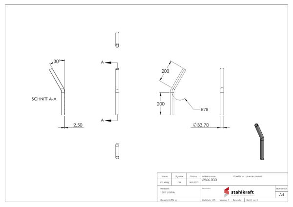 Stahl-Rohr-Bogen 30° 1"  33,7x2,5mm, RM 78mm