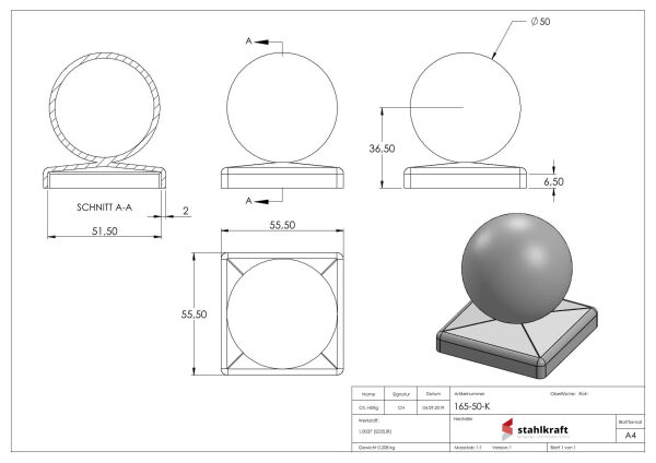 Pfeilerbedecker 50x50mm mit Hohlkugel Ø 50mm
