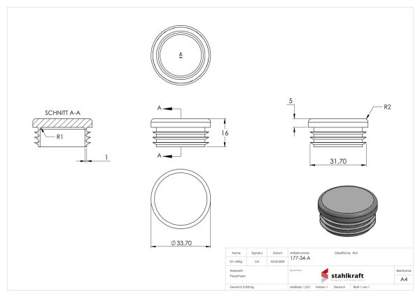 Kunststoffkappe für Rundrohr 33,7mm mit Wandstärke 1,0 - 3,0mm, RAL 7016