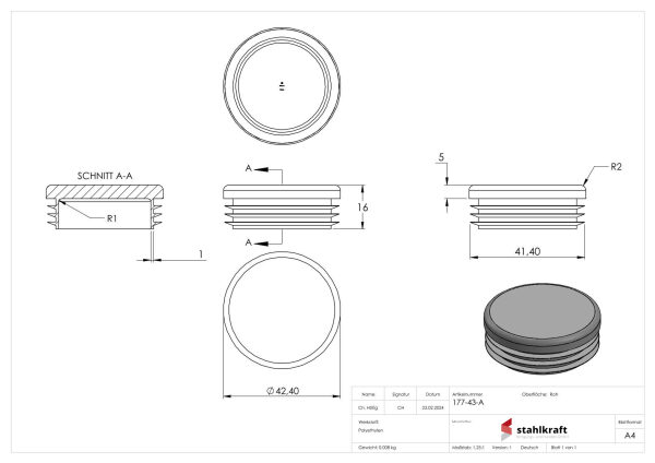 Kunststoffkappe für Rundrohr 42,4mm mit Wandstärke 1,0 - 2,0mm, RAL 7016