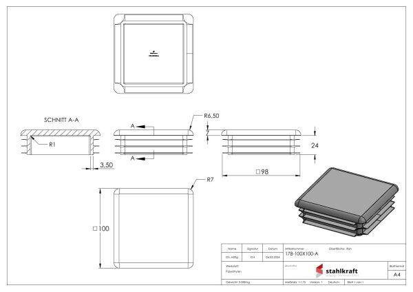 Kunststoffkappe für Quadratrohr 100x100mm mit Wandstärke 1,0 - 4,0mm, RAL 7016