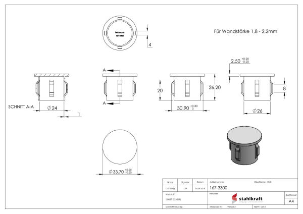 Stahleinschlagkappe, flach, für Rohr 33,7mm, Wandstärke: 1,8 - 2,2mm