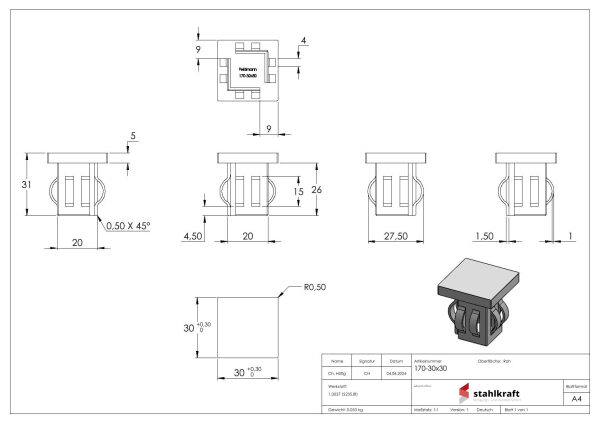 Stahleinschlagkappe, flach, für Quadratrohr 30x30mm, Wandstärke 2,0 - 3,0mm