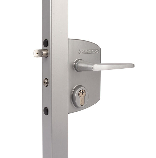 Industrieschloss mit Aluminiumgehäuse und Edelstahl-Mechanismus, für Profilrohre 40 - 60mm, Farbe: silber, 1-tourig, inkl. Drückergarnitur und Zylinder mit 3 Schlüssel